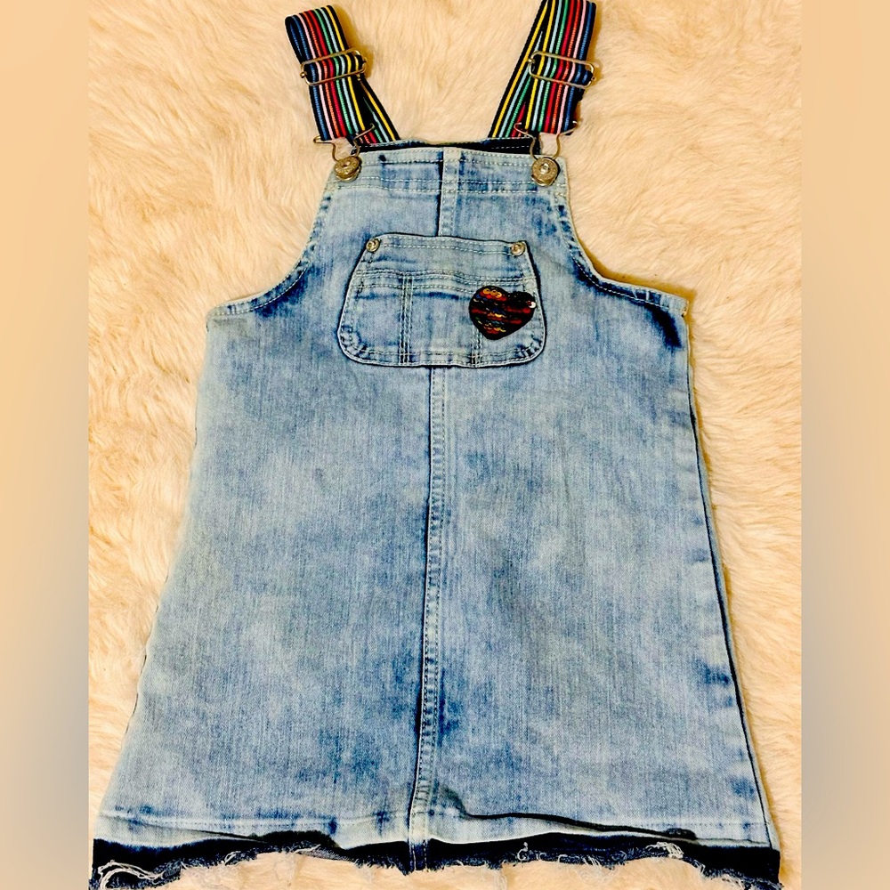 Jordache Vintage Light Blue Denim Overall Dress with Striped Straps Girls XS 4-5